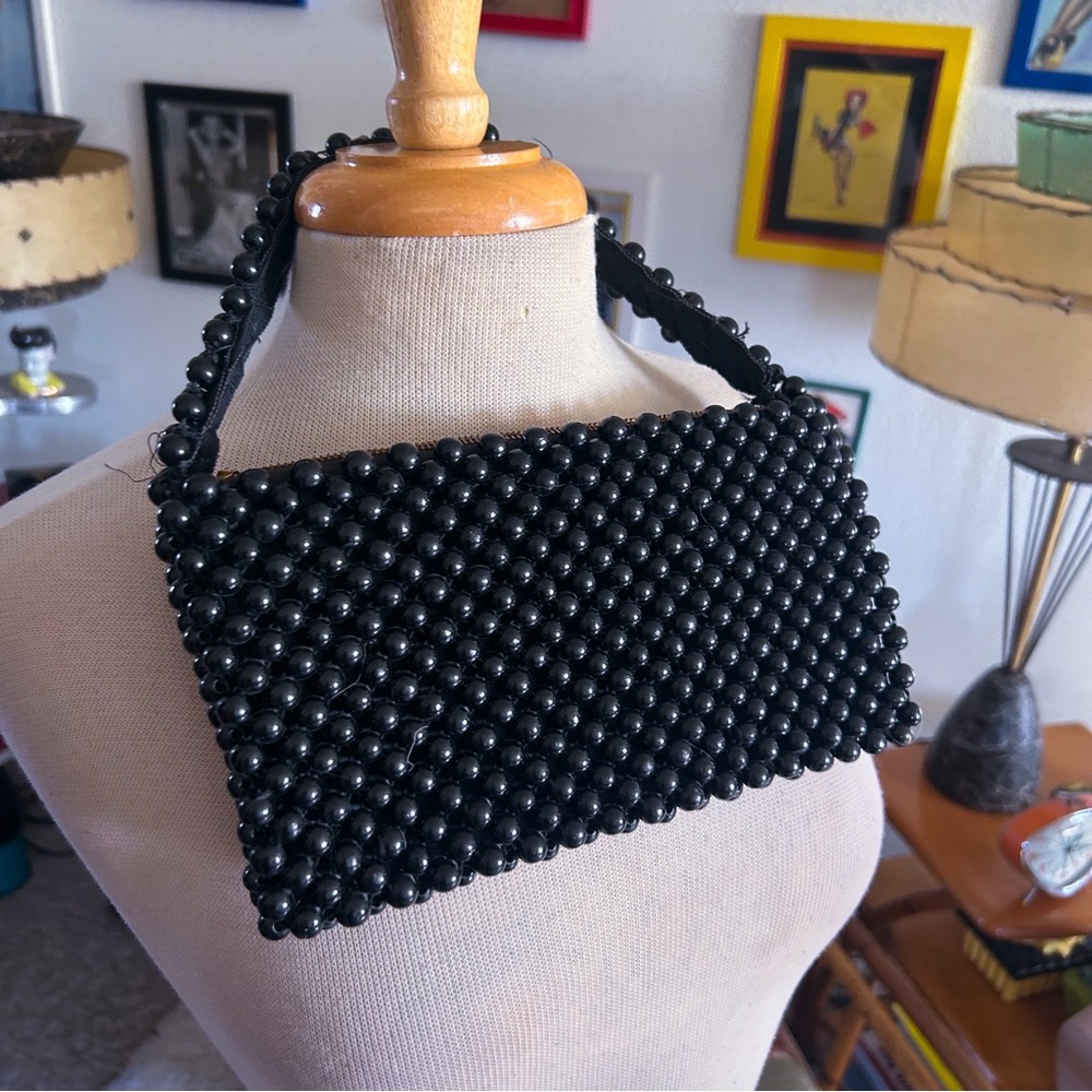 Vintage 1940s Purse | Handbag | Black | Wood Bead | Small | 40s